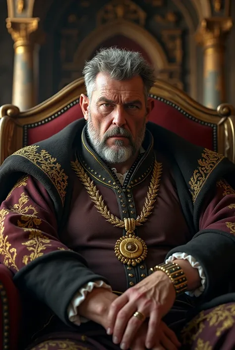 50 year old man, white skin, pot-bellied, rough face, evil look, serious expression, intense and detailed black eyes, short hair, wavy hair, salt-and-pepper hair, short beard, medieval noble outfit with gold embroidery, gold necklace, gold rings, sitting o...