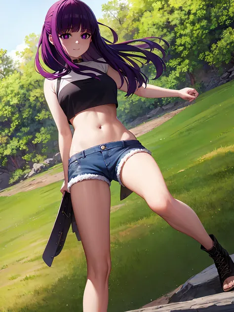 [1girl,solo, fern, long hair, bangs, (purple eyes:1.1), purple hair, sidelocks, blunt bangs, (bright pupils:1.5), half updo], (8K, Highest quality, Highest quality, masterpiece), standing, solo, cowboy shot, [2d, masterpiece, best quality, anime, highly de...