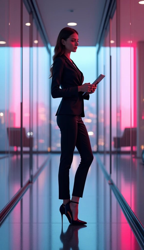 A hyper-realistic full-length image of a beautiful woman in a sleek, futuristic business suit, standing in a glass-walled office with a city skyline glowing in neon lights behind her. Her suit has metallic accents that catch the light, and her heels reflec...