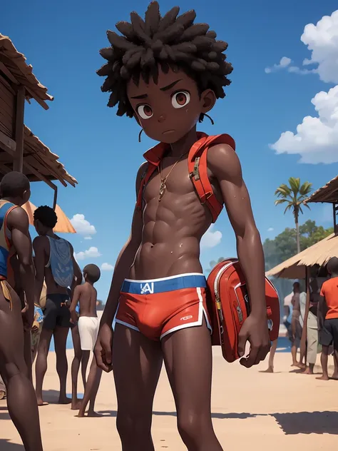 African boy in the slums.thin figure，emaciated figure，A little contouring of the abdominal muscles，skin radiance，（3D groin），（bulge in the groin大包），bulge in the groin，Wearing red life jackets，many people，African tribes，beach background，people come and go，So...