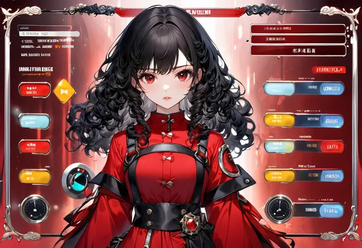 ((MMO RPG GAME STYLE)), (in the Game world), (a beautiful curly black hair long hair) (immensery cute girl is 15 yo), (beauty red eyes), (serious face, makeup face, glossy lip), (mediumtits), in a red battle dress, break, background ((Game status gauge)), ...