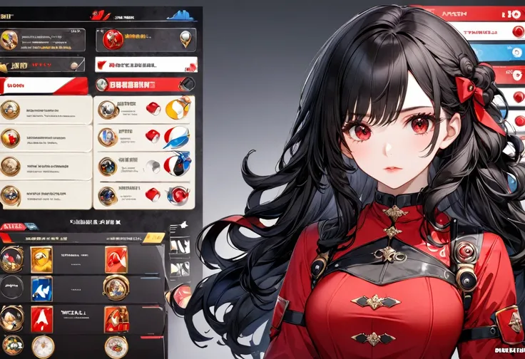 ((MMO RPG GAME STYLE)), (in the Game world), (a beautiful curly black hair long hair) (immensery cute girl is 15 yo), (beauty red eyes), (serious face, makeup face, glossy lip), (mediumtits), in a red battle dress, break, background ((Game status gauge)), ...