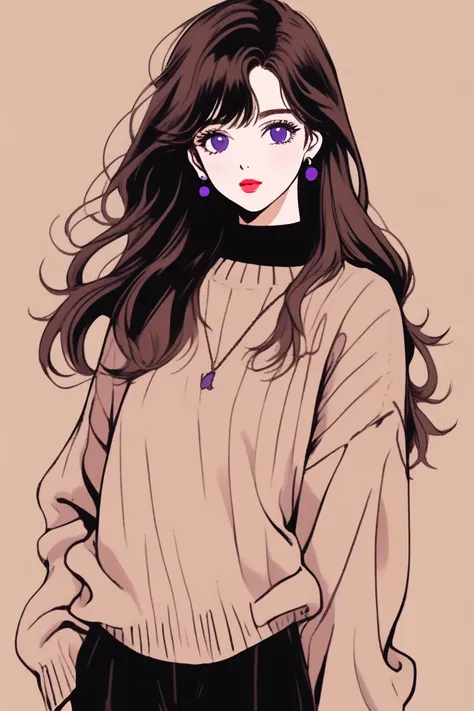 (highest quality, sketch:1.2),realistic,illustrator,アニメ,1 girl, detailed lips,beige sweater,custom,sinple background,brown hair,...