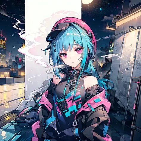 (((Neon Colors　Pink and blue hair　ponytail　Wear a hat　Off-the-shoulder hoodie)))　((Cyberpunk　Earrings　Smoking alone　Empty beer cans　rooftop　Night City))　(Shining Moon　Shining Background)