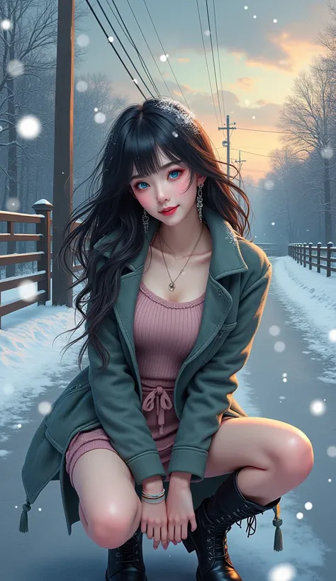 (32K:1.9, masterpiece, Photorealistic:1.9, top-quality,  Super A high resolution), Perfect dynamic composition:1.3, Detailed skin and facial texture:1.3, Detailed eyes, Detailed limbs, evening, Winters, Snowflakes falling:1.2, Snow country road:1.2, Cute s...