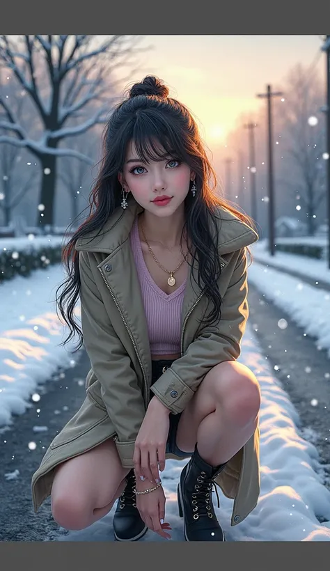 (32K:1.9, masterpiece, Photorealistic:1.9, top-quality,  Super A high resolution), Perfect dynamic composition:1.3, Detailed skin and facial texture:1.3, Detailed eyes, Detailed limbs, evening, Winters, Snowflakes falling:1.2, Snow country road:1.2, Cute s...