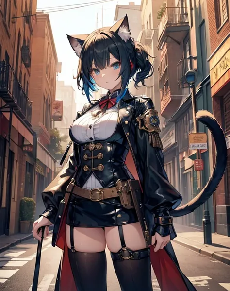 masterpiece, With cat ears and a tail、Awesome anime girl, Leather and gear details、Dressed in elaborate steampunk style clothing, Standing in a vibrant fantasy steampunk city. He&#39;s wearing pilot goggles on his head., She wears a loose corset with an in...