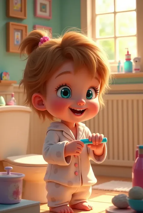 A disney child with golden brown hair and blue eyes brushing her teeth
