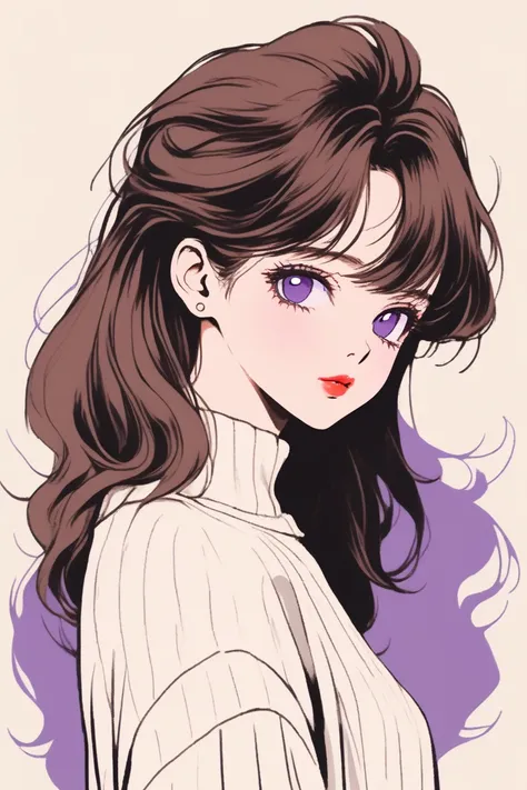 (Highest quality, sketch:1.2),Realistic,Illustrator,アニメ,1 Girl, Detailed lips,white sweater,custom,sinple background,brown Hair,masterpiece, Style: Retro Classic, Dark Black、Under the MoonLong Hair、bangs、Fair skin,Side Tail with a single knot、beautiful gir...