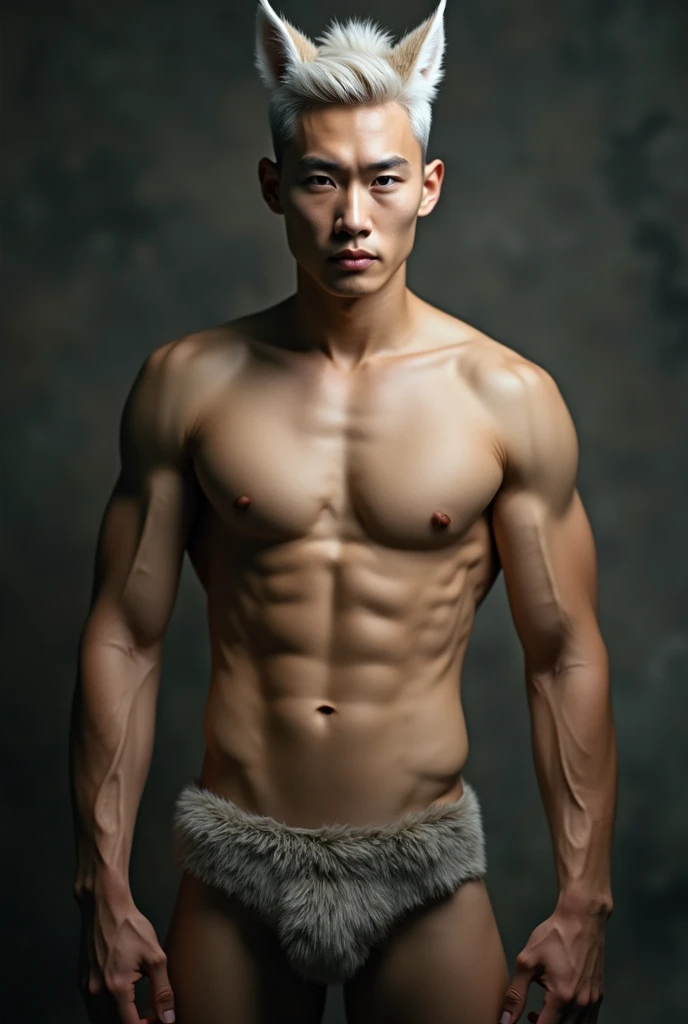 Handsome Chinese teenageer model, 4k, high resolution, best quality, masterpiece, perfect color, perfect shadow, perfect lighting, Posted by e621, ((portrait)), ((handsome man)), handsome and perfect Chinese teenagegure, wearing wolf fur underwear,  Detail...