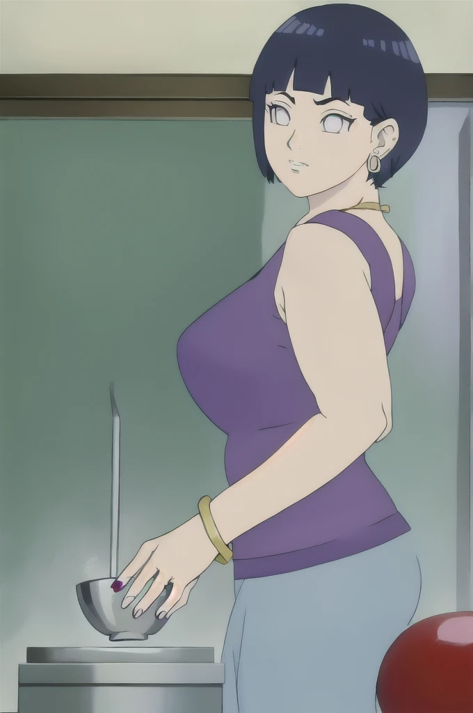 Hinata Hyuuga,Short Bowl Cut hair,Big breast,Bar shaped earring,Cleavage,Skindentation,thin purple T-Shirt,Thin black Pants,Chocker,Golden chain necklace,Hoopa bracelet,Purple long nail,Wedding ring,Visible Ear,Side locks hair Slicked behind,