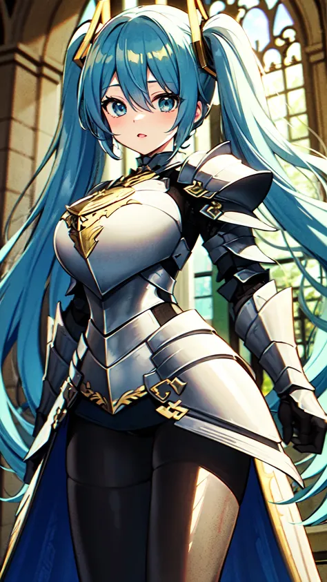 masterpiece, Please redeem, 8K Hatsune Miku VOCALOID, Light blue hair、Bright Blue Eyes、 1 female, Big Breasts, , ((Dragon Armor)), {{Full Armor}}, ((Knight Armor)), ((The armor is white and gold)), Black tights, church