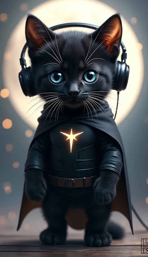 Perfect centering, A cute kitten all over, Wear a black Adam costume, Wearing headphones, Standing position, Abstract beauty, Centered, Looking at the camera, Facing the camera, nearing perfection, Dynamic, Moonlight, Highly detailed, Digital painting, art...