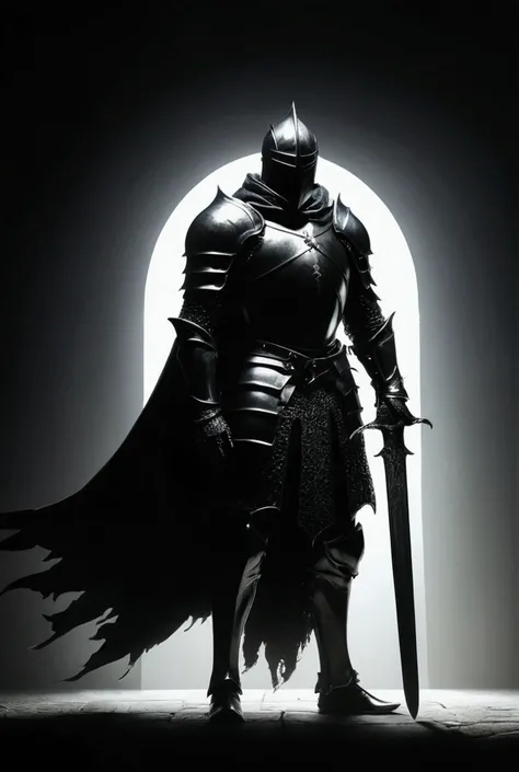 Full Body、Dark fantasy、knight、silhouette、Sword and shield simple background, Backlight, 