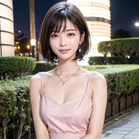 Tokyo night view、Big Bridge、garden、Tokyo Tower、((Pink Dress))、One beautiful girl, fine grain, Swollen eyes, Please redeem, Ultra High resolution, (reality: 1.4), Original photo, One Girl, Cinema Lighting, Japanese, Asian Beauty, Korean, so beautiful, Beaut...