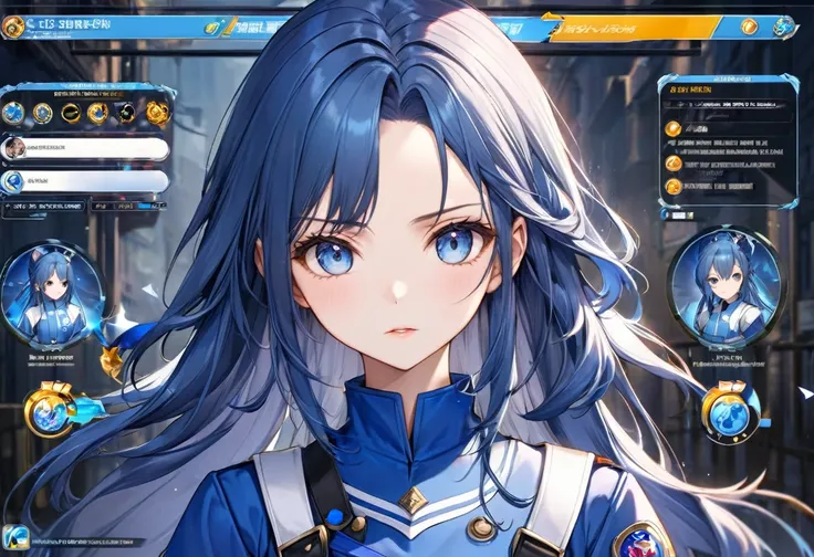 ((MMO simulation　RPG GAME STYLE)), (in the Game world with Chat window), (a beautiful forehead blue hair long hair) (immensery fighter girl is 15 yo), (cute blue eyes), (serious face, makeup face, glossy lip), in a blue battle uniform, break, background ((...