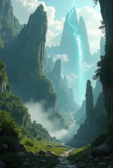 detailed fantasy landscape, , surreal, hyperrealistic, cinematic lighting, dramatic atmosphere, volumetric fog, lush vegetation, rocky terrain, floating islands, ancient ruins, luminous energy field, hyper detailed textures, bright colors, dramatic shadows...