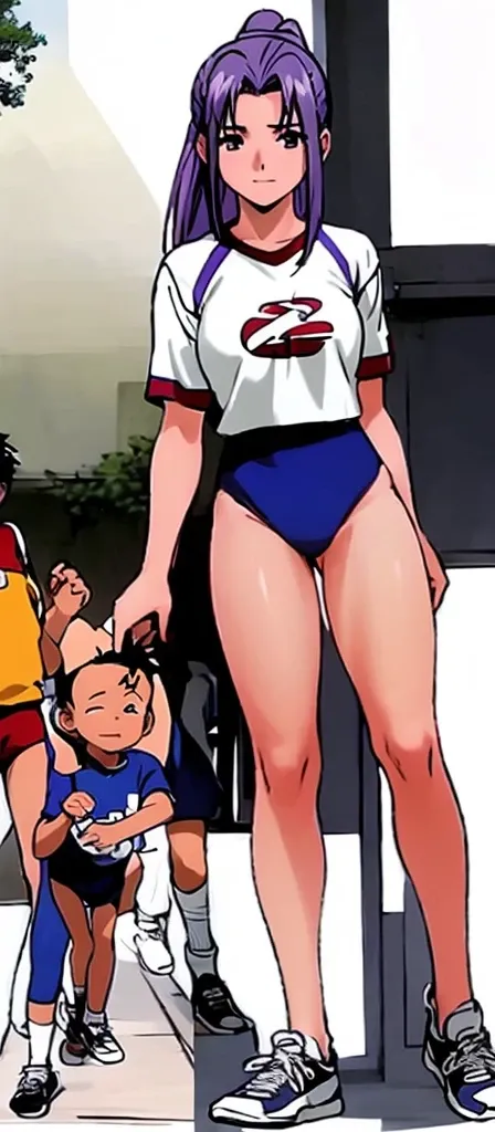 On the right is Momoko Koigakubo with her beautiful legs in gym clothes.。On the left is a young child in a jersey.。High image quality。