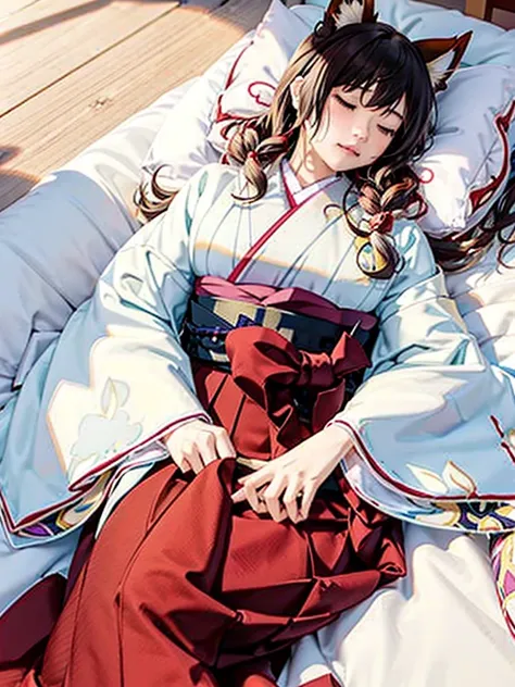 anime, girl, fox ears, fox tail, big tail, bushy tail, big ears, hakama, furisode, japanese town, lying down, sleeping face,