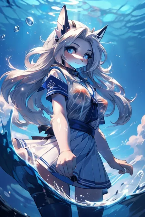 (SEE-THROUGH:1.3),white seraph,sailor dress, white theme,, Sailor suit, View viewer,  Madness, messy long hair, beautiful, detailed eyes,Hair shines,Dramatic angle,blue sailor collar, perky breasts,slight smile,partially underwater shot...