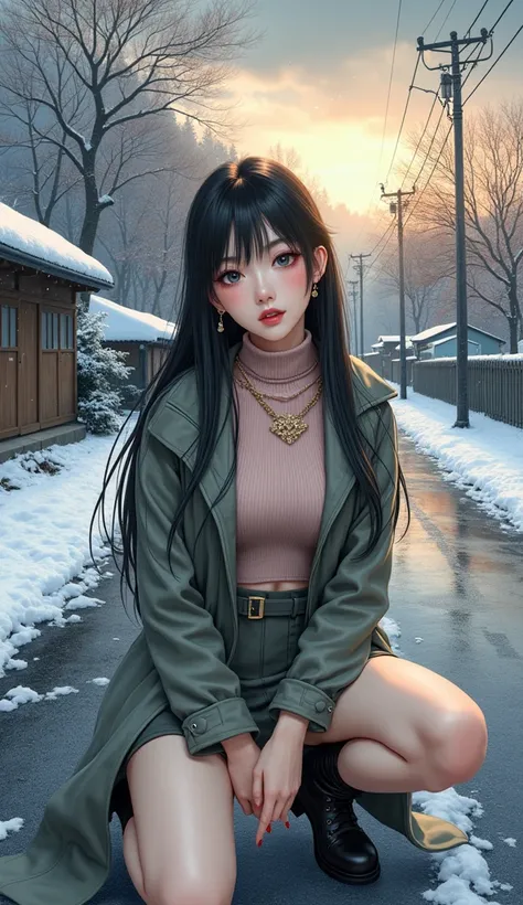 (32K, masterpiece, Photorealistic:1.9, top-quality,  Super A high resolution), Perfect dynamic composition:1.3, Detailed skin and facial texture:1.3, Detailed eyes, Detailed limbs, evening, Winters, Snowflakes falling:1.2, Snow country road:1.2, Sexy 39 ye...