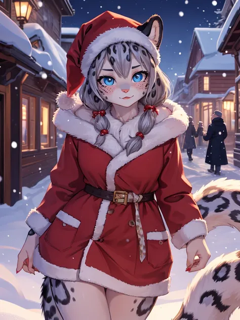 Lonely Christmas , Snow Leopard Girl , Watching families passing by
, ( soft focus , Shallow focus , soft light) , Mature , Euphoria , glossy lips , moist eyes , coquettish , bold action , flasher , Insane , fabulous , sensational , funny face