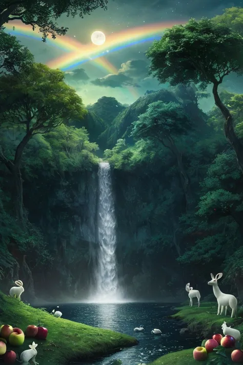 masterpiece, Best Quality, High image quality, CG, 8k, scenery, night, null, cloud, Norman ,Lush forest, Beautiful waterfall, rainbow, Fantasy Images, Firefly, moonlight, Aurora, tree, black snake on tree, A bunch of apples, mousse, Albino deer, White Rabb...