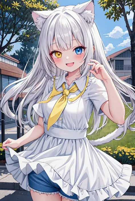 best quality , ultra detailed , highres ,anime style , SD,Middle school students ,One woman, long whitehair, heterochromia,yellow right eye,blue left eye, cat ears, solo, looking at viewer,1girl, smile, (White dress shirt),(laughing),(denim shorts) outdoor...