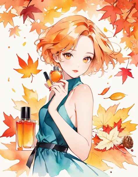 Feminine Art, Illustrated girl with autumn leaves and cosmetics in front, beauty campaign, watercolor illustration style, perfume bottle, perfume, beauty advertisement, beautiful face and body skin, minimalism, maple leaf with bright orange and yellow leav...