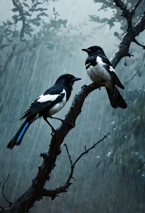 Digital artwork of magpies perched on a tree branch in the rain embodying the essence of  wet minimalistic approach, influenced by Luis Miranda, Jeremy Mann, Jeffrey Catherine Jones, blends conceptual art with elements of painting and illustration, somber ...