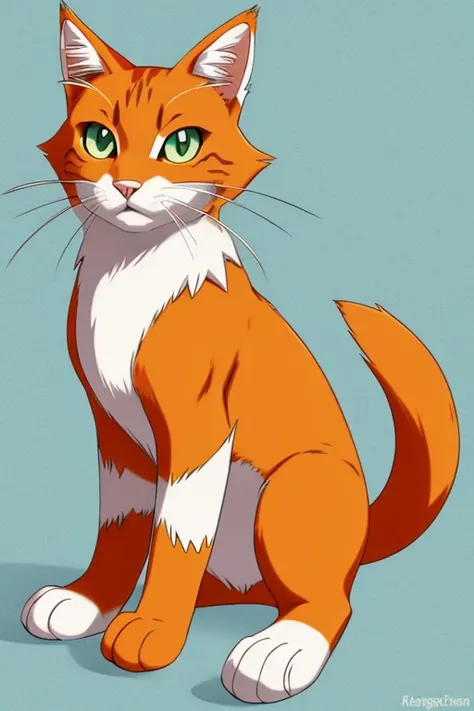 Orange cat with green eyes, with a white spot on the chest and a tail with white and orange stripes. Style of an electric pokemon. 2d anime style