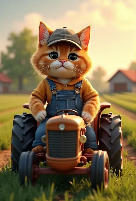 Fluffy cat - farmer, dressed in uniform, overalls, baseball cap, worker in the field riding a tractor