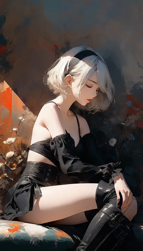 {1 adult-woman,(2B of Nier-Automa), (pale-off-white colored hair, short cut hair),(very small Almond-shaped eyes),(attractive blue-gray eyes),(left-eye hidden by bangs),(slender body),(medium breasts,cleavage),captivating lips,(thin thighs)} 
BREAK {(sensu...