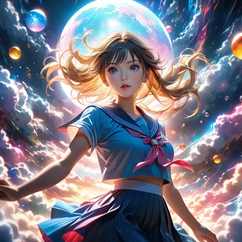 Sailor Moon,Tsukino Usagi,Enveloped in Light,, In the midst of chaos, god々しくgod聖な, Realistic, 8k, Very detailed, Dramatic lighting, Vibrant colors, 超Realisticで抽象的な, Light-like holographic effect, Standing on the Clouds