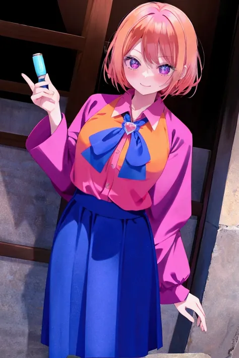 yaku morisuke , peach hair color ,  smiling . nice purple long lose sleeve shirt , blue skirt , holding a pop , 