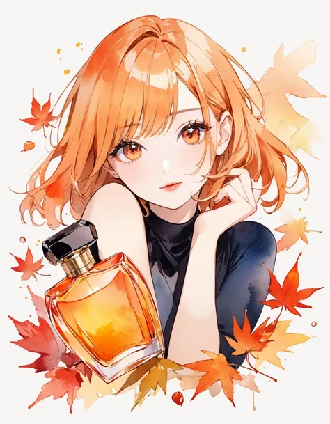 Feminine Art, Illustrated girl with autumn leaves and cosmetics in front, beauty campaign, watercolor illustration style, perfume bottle, perfume, beauty advertisement, beautiful face and body skin, minimalism, maple leaf with bright orange and yellow leav...