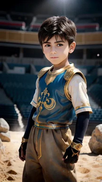 ultra real、anime-like depiction、/(ultra-ancient times、bc3500 settings、armenian realistic/), a boy fighting in an arena made of r...