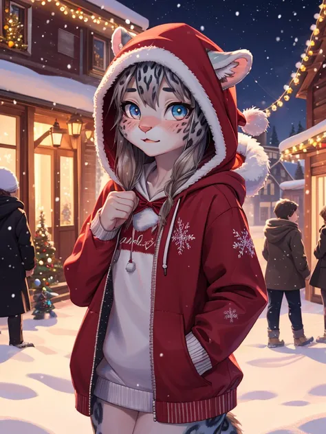 Lonely Christmas , Snow Leopard Girl , Watching families passing by, A hoodie with a Christmas design
, ( soft focus , Shallow focus , soft light) , Mature , Euphoria , glossy lips , moist eyes , coquettish , bold action , flasher , Insane , fabulous , sen...