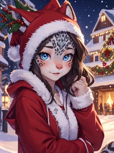 Lonely Christmas , Snow Leopard Girl , Watching families passing by, A hoodie with a Christmas design
, ( soft focus , Shallow focus , soft light) , Mature , Euphoria , glossy lips , moist eyes , coquettish , bold action , flasher , Insane , fabulous , sen...