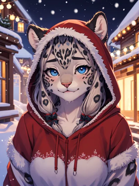 Lonely Christmas , Snow Leopard Girl , Watching families passing by, A hoodie with a Christmas design
, ( soft focus , Shallow focus , soft light) , Mature , Euphoria , glossy lips , moist eyes , coquettish , bold action , flasher , Insane , fabulous , sen...