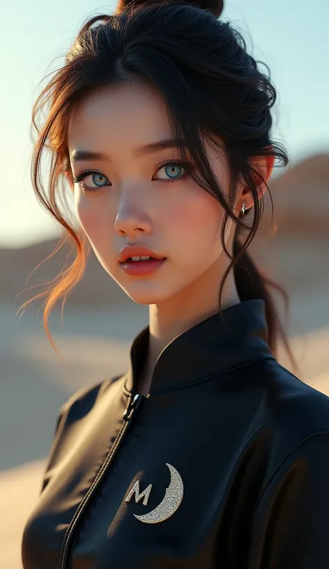 Beautiful Asian Girl , with expressive beautiful blue eyes , dressed in a dark dress and all covered, except for her expressive eyes , The look is tempting , in the background is a sugar desert and the &quot;Moon&quot; logo on her clothes .  cinematic ligh...