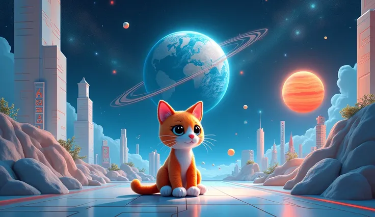 Science and Technology Posters, Stuffed cat, building, Earth, solar system, educate, future.