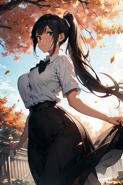 solo, the most beautiful woman, 8 heads tall, large breast, standing, full of fallen leaves on the ground, dappled sunlight, from below, bow tie blouse, long maxi skirt, low ponytail,