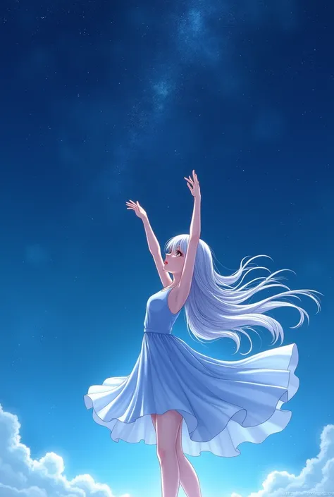 Woman wearing light blue dress　Sleeveless Long straight hair Silver hair Height approx.１６０cm Make a pose with both arms raised high。
A beautiful starry night、Make it in anime style.。