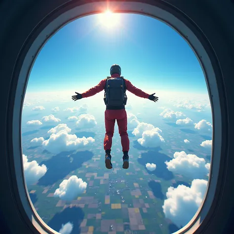 Imagine standing at the edge of an open airplane door, with the world sprawling far below. The heart races as you leap into the vast abyss, the wind roaring in your ears like a thousand rushing rivers. Capture the precise moment of weightlessness as gravit...