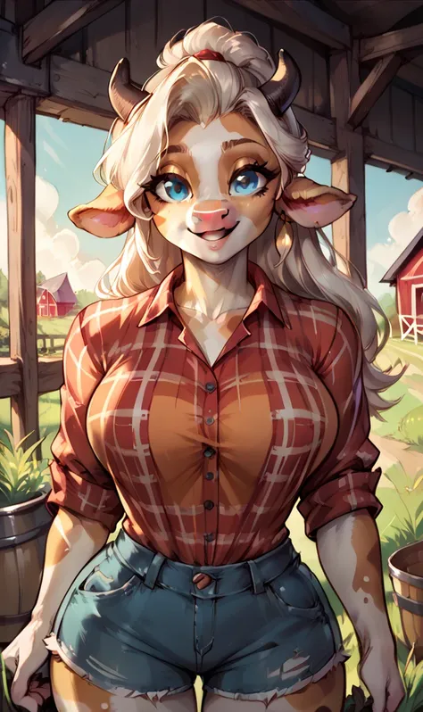 anthropomorphic, (cow), feminine, pretty, attractive, plaid shirt, short jean shorts, large breasts, shapely body, skin, big eye...