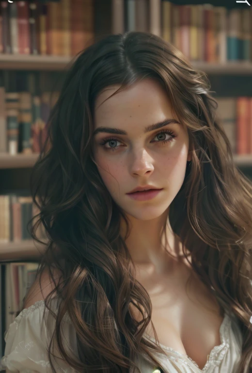 Face de Emma Watson, a woman with long hair and a white dress standing in front of a bookshelf, soft portrait 8k, highly detailed vfx portrait, realistic digital art 4k, realistic digital art 4k, 8k realistic digital art, 8k portrait rendering, realistic d...