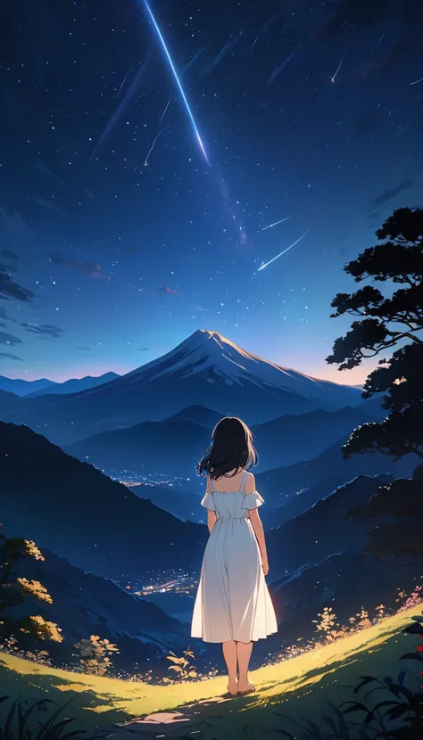 Ghibli style,(masterpiece, Best Quality:1.2), shape, A mountain with a beautiful night view,Stars Shining,Angle from afar,anime, (Wide Shot), Model shoot, One Girl, Rear view,Standing,Rear view,Long black hair,White Sundress, Backlight, Vibrant colors, eve...