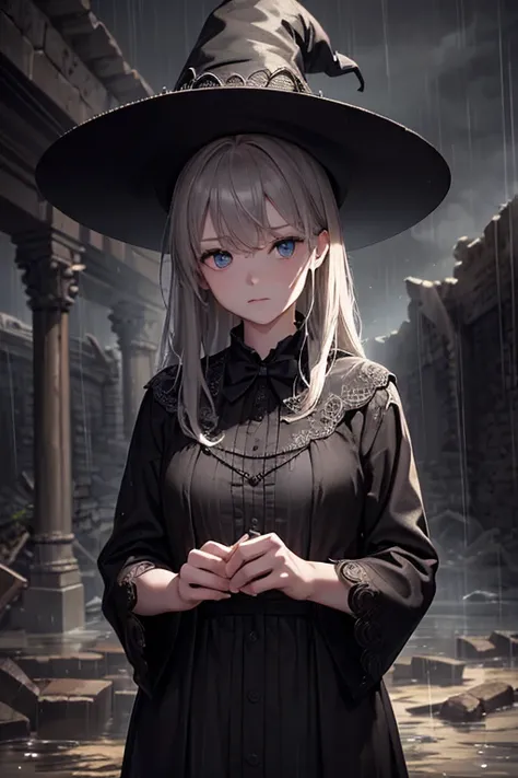 (Best Quality, masterpiece),( Dark Skies, heavy rain, Inside the ruined temple, Low water level, ), Realistic background, 2112, Light*_black_particle,top-quality,masterpiece,solo,Halloween Cosplay,Witch Hat,Wide-brimmed hat,１４Cute girl of the year,((Jack-o...