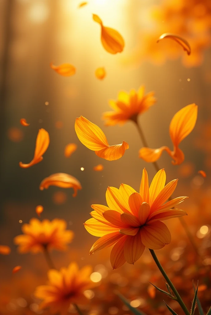 photorealistic image of petals falling of marigold in autumn, flowing by autumn breeze, intricate detailed, dramatic lights